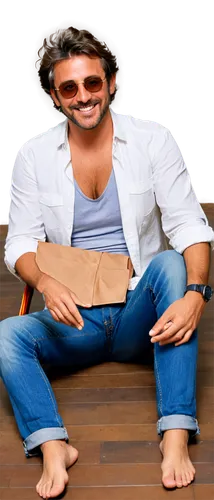 Middle-aged man, free spirit, casual posture, smiling face, short beard, messy hair, sunglasses, open shirt, rugged jeans, bare feet, sitting on floor, relaxed atmosphere, warm lighting, shallow depth