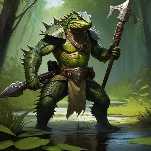 kobold,patrol,frog background,aligator,crocodile woman,swamp,aaa,swamp football,frog king,green dragon,muggar crocodile,river monitor,orc,frog man,missisipi aligator,saurian,fantasy warrior,gator,green frog,little crocodile,Conceptual Art,Fantasy,Fantasy 15