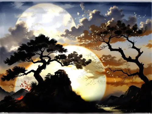 painting of a sunset with some trees on a hill,landscape background,dusk background,okami, silhouette,lonetree,cartoon video game background,Illustration,Paper based,Paper Based 30