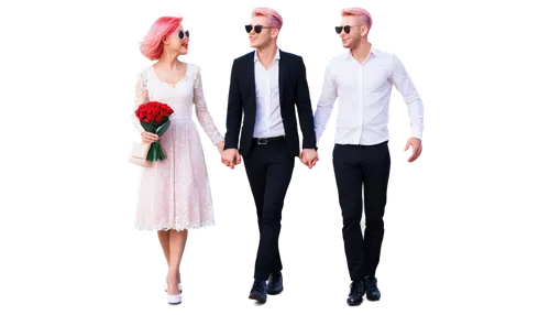 Valentine's Day, romantic atmosphere, sweet couple, holding hands, soft pink hair, gentle smile, heart-shaped sunglasses, red lipstick, lace dress, white shirt, black trousers, bouquet of roses, choco