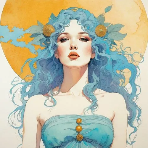 zodiac sign libra,virgo,fantasy portrait,flora,moonflower,summer crown,mucha,blue moon rose,rusalka,zodiac sign gemini,siren,summer solstice,sun moon,faerie,medusa,beach moonflower,fae,blue enchantress,libra,gemini,Illustration,Paper based,Paper Based 19