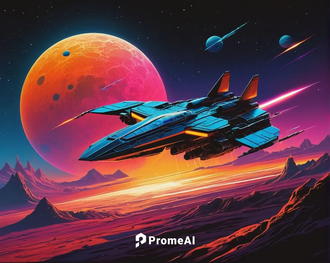 Una batalla aeroespacial. Los colores son anaranjados y azules. Estilo de dibujo Retro Sci-Fi. Estilo de dibujo Synthwave.,gradius,space ships,spaceplanes,space art,space voyage,spacescraft,extrasolar