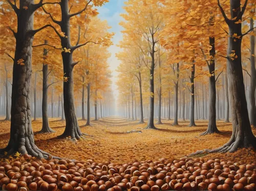 Describe a serene autumn forest with the ground covered in chestnuts and the sweet scent of roasted nuts in the air.,chestnut forest,autumn forest,autumn background,autumn landscape,fall landscape,che