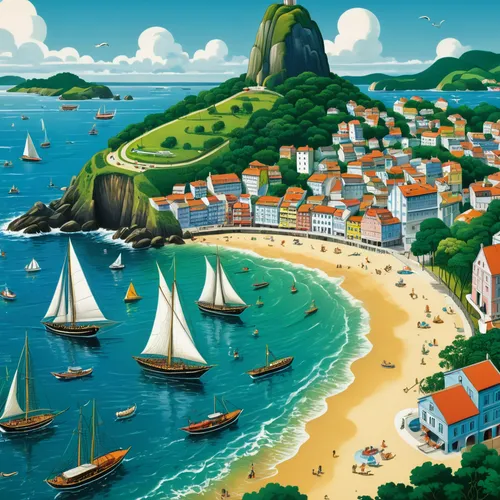 fishing village,coastal landscape,brazilian beach,seaside resort,dubrovnic,balearic islands,ponta do sol,beach landscape,greek islands,bora french,island of rab,parga,orange bay,saint martin,sailing boats,french digital background,houses clipart,seaside country,breton,sailboats,Illustration,Realistic Fantasy,Realistic Fantasy 19