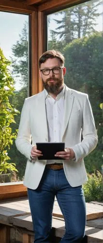 Mt Vernon WA, architectural designer, male, 35yo, short brown hair, glasses, beard, casual wear, jeans, white shirt, blazer, holding a tablet, standing, outdoor, modern house design, large windows, wo