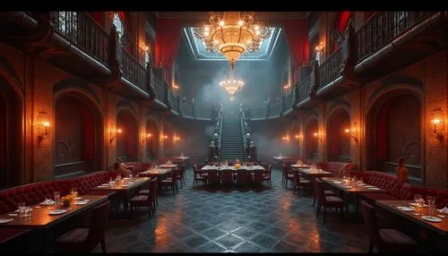 Gothic style restaurant, futuristic ambiance, high ceiling, grand chandelier, dark wood furniture, velvet curtains, mysterious atmosphere, dim red lighting, ornate metal decorations, intricate stone c