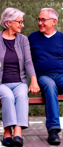 Elderly couple, retirement scene, sitting on a bench, holding hands, smiling faces, wrinkles, grey hair, glasses, casual clothing, comfortable posture, warm lighting, soft focus, shallow depth of fiel