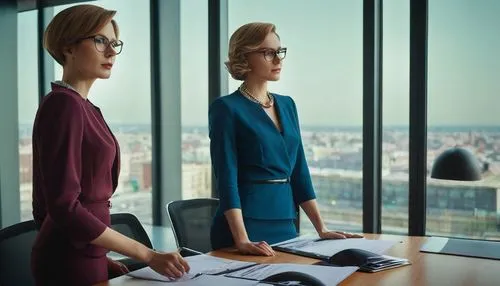 Modern office interior, sleek wooden desks, ergonomic chairs, minimalist decorations, large glass windows, cityscape view, professional businesswomen, 30s, short hair, glasses, formal attire, holding 