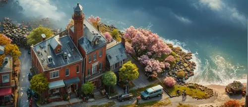 frederic church,seaside resort,house by the water,aurora village,victorian house,fantasy picture,thimble islands,fantasy landscape,fisherman's house,house of the sea,cottage,house with lake,escher vil