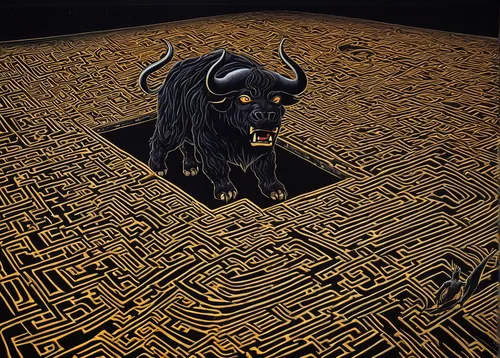 labyrinth,minotaur,tribal bull,the black sheep,random access memory,maze,buddhist hell,black sheep,door mat,horoscope taurus,burial chamber,yak,anglo-nubian goat,lion capital,feral goat,black paper,the zodiac sign taurus,monolith,dungeon,royal tombs,Illustration,Japanese style,Japanese Style 20