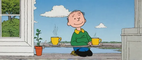 Describe a peaceful morning scene with Rohan enjoying a cup of coffee.,peanuts,popeye,rain barrel,snoopy,watering can,window washer,window cleaner,birdwatching,milk can,bird feeder,johnny jump up,vinc