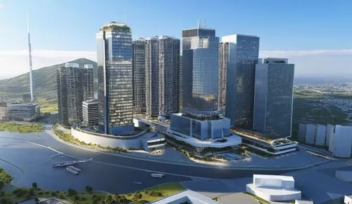 an artist's rendering of the city's modern skyscrs,zorlu,azrieli,songdo,luanda,skylstad,addis ababa,cyberjaya,tirana,chengli,batumi,business district,skyscrapers,skyscapers,cybercity,skyscraper town,u