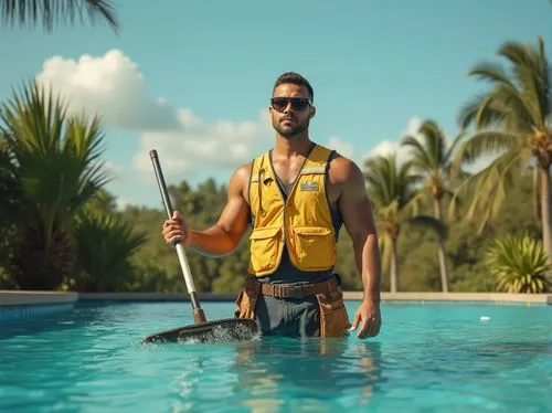 Maintenance worker, male, 30s, muscular build, short hair, sunglasses, yellow vest, tool belt, holding a pool skimmer, standing by the side of a Chukum pool, surrounded by tropical plants, palm trees,