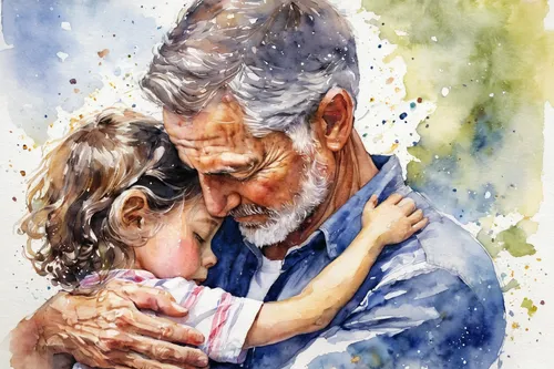 Depict a father's love as a source of strength and support.,father and daughter,father with child,watercolor,watercolor painting,father's love,old couple,watercolor paint,grandfather,watercolor pencil