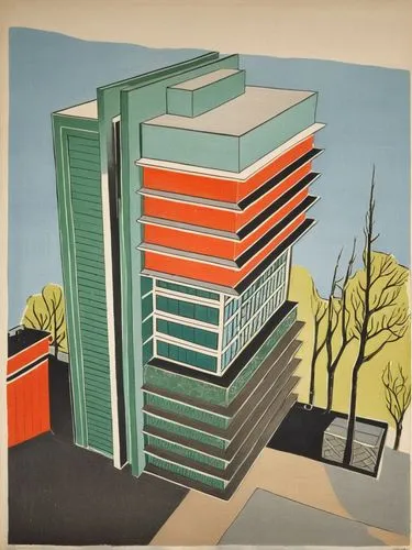 art deco,matruschka,mid century modern,mid century,cool woodblock images,brutalist architecture,woodblock prints,block of flats,olle gill,travel poster,apartment blocks,c20,tower block,office building