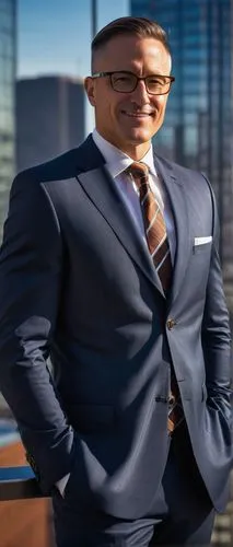 Middle-aged, muscular man, bespoke suit, white shirt, tie, glasses, short brown hair, confident smile, standing, Manchester NH cityscape, modern skyscraper background, custom architectural design mana