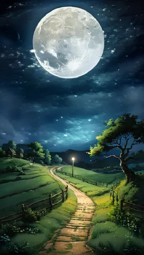 there is a dirt road that is going through a field, beautiful moonlight night, moon landscape, beautiful moonlight, moonlit night dreamy atmosphere, nighttime nature landscape, at night with full moon