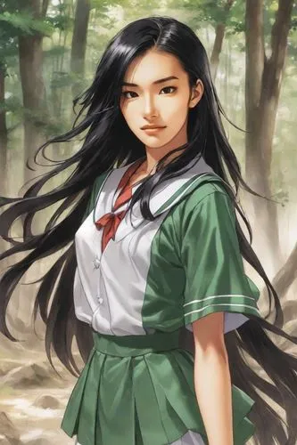  Heavy makeup, messy dyed hair, angular cheekbones, small eyes, thin lips, low nose, upper body,a woman with long black hair walking in the forest,sanchai,kagome,neji,kuchel,yiwen,saionji,Digital Art,