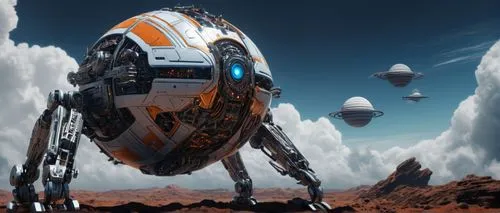 Jupiter AI robot, futuristic, metallic silver body, glowing blue circuits, spherical head, single large eye, intricate mechanical arms, hovering in mid-air, orbiting Jupiter planet, stormy atmosphere,