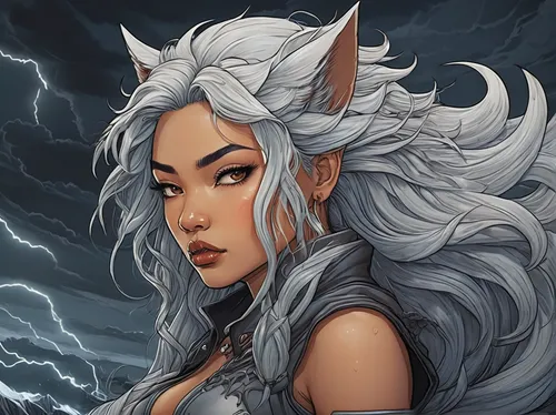 fantasy portrait,silver fox,storm,mara,custom portrait,stormy,ear of the wind,portrait background,huntress,howling wolf,nine-tailed,kitsune,monsoon banner,fantasy art,luna,digital painting,gryphon,feral goat,thunderstorm mood,digital illustration,Illustration,Japanese style,Japanese Style 15