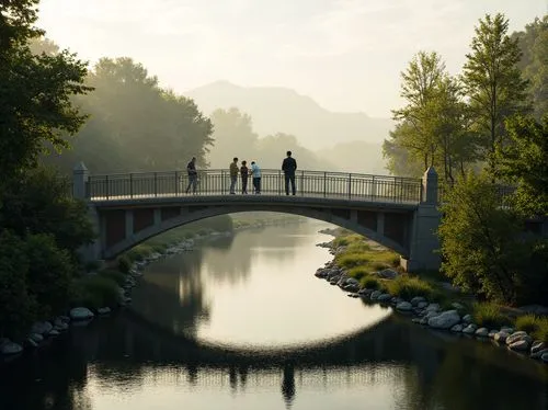 Serene riverbanks, lush greenery, meandering waterways, elegant bridge structures, symmetrical arches, minimalist railings, wooden decks, natural stone piers, steel suspension cables, subtle lighting,