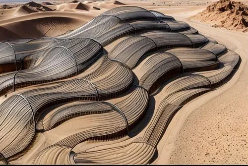 a black sinusoidal structure. That the lower quarter of its height sinks into the desert sand. the structure is built with very long tubes. the spaces between the tubulars are wired glass and opaque p