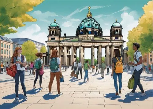 Berlin cityscape, modern university campus, international students, study abroad program, CIEE Global Architecture Design, young adults (20-25yo), casual wear, backpacks, laptops, notebooks, pens, div