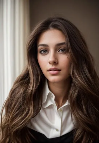 a portrait of a beautiful caucasian girl 25 years old, brown hair in a black top and white blouse, looking to camera in a bedroom as background in 4k,beautiful young woman,young woman,pretty young wom