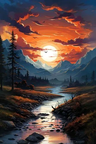 landscape background,fantasy landscape,river landscape,nature landscape,mountain landscape,mountain sunrise,high landscape,beautiful landscape,salt meadow landscape,landscape nature,natural landscape,fantasy picture,mountainous landscape,landscape red,mountain river,mountain scene,evening lake,world digital painting,landscape,landscapes