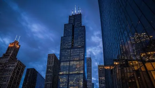 sears tower,chicago night,chicago,willis tower,chicago skyline,chicagoan,streeterville,blue hour,skycraper,ctbuh,hancock,escala,barad,tall buildings,chicagoland,skyscrapers,supertall,towering,lehman,detriot,Illustration,American Style,American Style 12