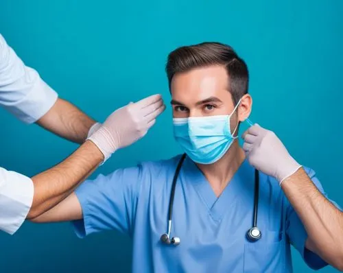 medical personnel fixing a surgical mask on a young man,otolaryngologist,anaesthetist,laryngoscopy,anesthetist,anaesthetists,paramedical