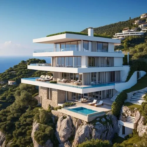 a luxury villa on the mountain top besides the sea ,luxury property,capri,portofino,dunes house,skyscapers,luxury real estate,monaco,holiday villa,modern architecture,uluwatu,thracian cliffs,monte car