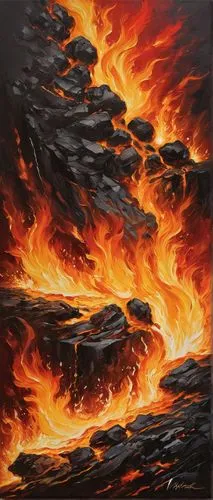 Fire-themed art, blazing inferno background, vibrant orange and yellow hues, intricate flame designs, sparks flying everywhere, abstract fire patterns, molten lava flows, fiery explosions, dynamic bru