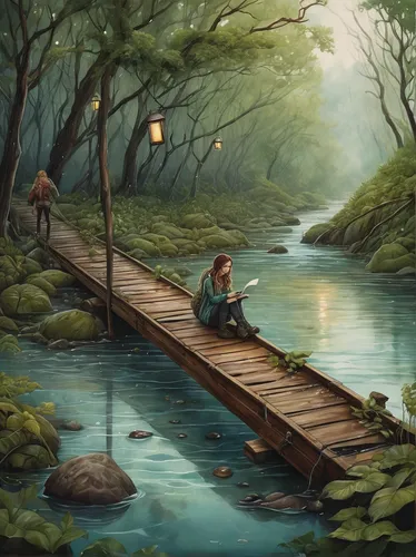 wooden bridge,log bridge,hangman's bridge,fantasy picture,people fishing,fishing float,flooded pathway,romantic scene,wooden path,river landscape,the mystical path,pathway,scenic bridge,forest path,fantasy landscape,hanging bridge,oil painting on canvas,game illustration,to the river,hiking path,Illustration,Abstract Fantasy,Abstract Fantasy 11