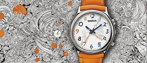 swatch watch,swatch,mechanical watch,men's watch,open-face watch,orange floral paper,wrist watch,watch accessory,analog watch,flower wall en,watch dealers,watches,timepiece,murcott orange,clock face,chronometer,wristwatch,milbert s tortoiseshell,watch,orange blossom,Illustration,Black and White,Black and White 05