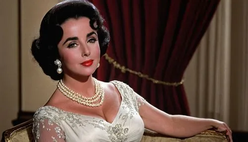 Elizabeth Taylor, pregnant, mature lady, elegant, glamorous, 1950s Hollywood actress, blonde hair, curled updo, pearl necklace, red lipstick, soft blush, flowing white dress, empire waist, baby bump, 