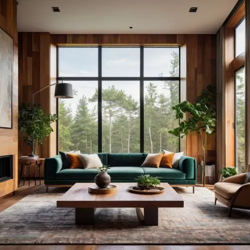 living room,mid century modern,modern living room,livingroom,mid century house,sitting room,modern decor,interior modern design,sunroom,contemporary decor,minotti,scandinavian style,interior design,wooden windows,home interior,forest house,donghia,family room,hardwood floors,wood window,Illustration,Realistic Fantasy,Realistic Fantasy 36