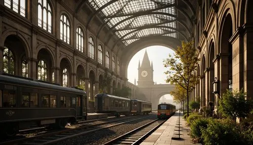 Grandiose Gothic train station, intricate stone carvings, stained glass ceilings, ornate ironwork, lush greenery, natural light filtering, majestic clock towers, dramatic archways, mystical foggy atmo