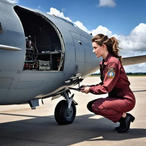 A gorgeous 22 years old femal mechanic in a dark-red overall is working on a modern black box radio, computer set in a small department within the nose section of a Pan Avia Tornado of RAF in mid grey