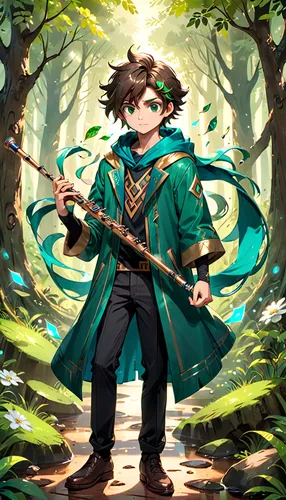 robin hood,forest man,bard,forest background,summoner,game illustration,hero academy,swordsman,guilinggao,fairy tale character,mage,robin,magus,wuchang,forest king lion,monsoon banner,bamboo flute,wizard,adventurer,forest clover,Anime,Anime,General