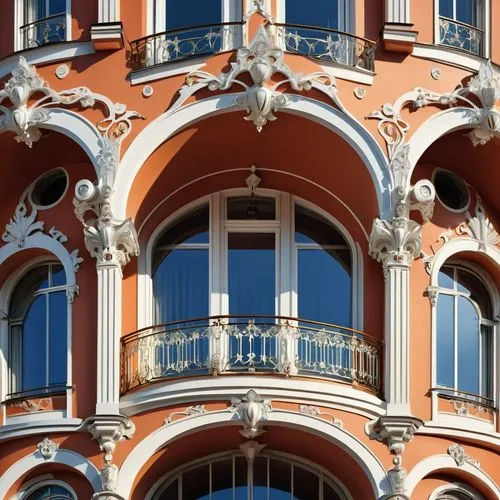 Capture a detailed vision of a building in the Russian Art Nouveau style, manifested through an intricate draft rendering of its facade, three-story structure, on the meticulous cycles of the rococo i