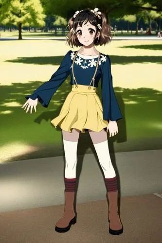 standing girl with short curly hair and bangs in light brown color, wearing a dark blue top with a white cross on the chest and a yellow pleated skirt. Accessories include dark red socks reaching mid-