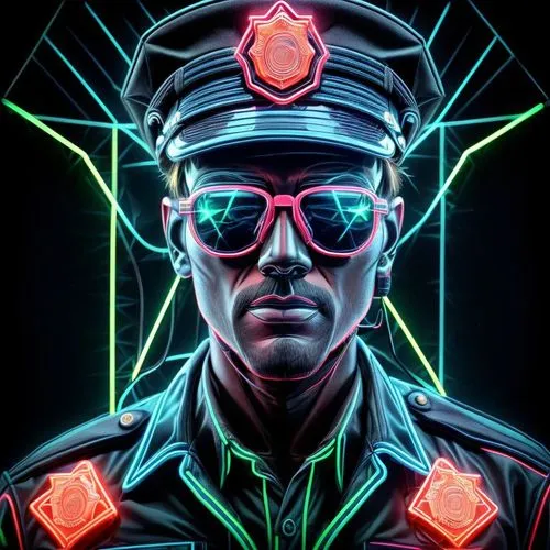 Hombre policía con gafas de sol con luces de neón hd,cyber glasses,electro,neon body painting,neon human resources,cyber,tesla,electric,patrol,neon arrows,engineer,officer,3d man,cg artwork,vector ill