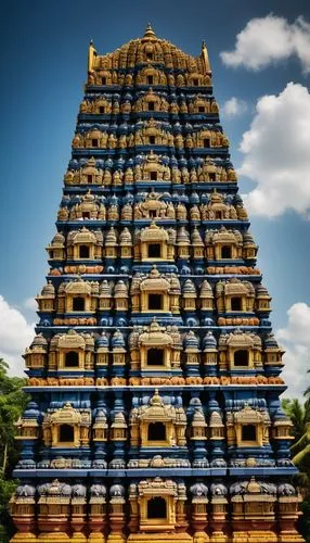 South Indian temple architecture, intricate carvings, ornate pillars, towering gopuram, vibrant colorful sculptures, golden deity idols, ornamental mandapams, majestic entrance gates, intricate stonew