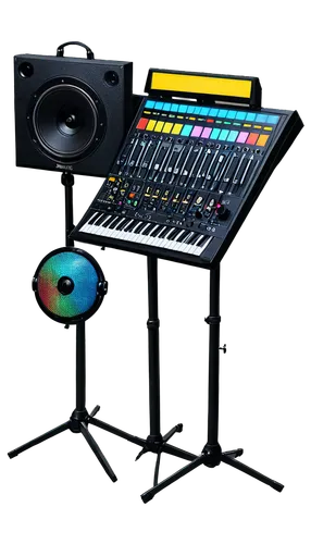 Music stand, DJ console, vinyl records, headphones, microphone, colorful buttons, flashing lights, speaker system, sound waves, equalizer, mixing board, studio background, dim lighting, shallow depth 