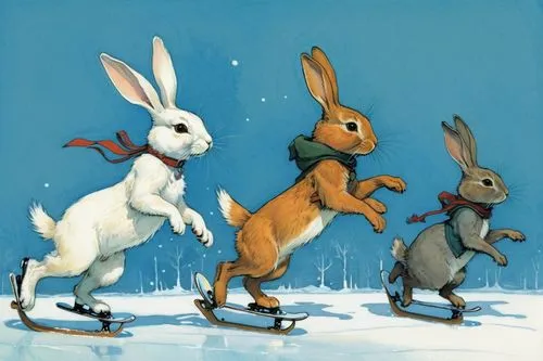 hares,lapine,christmas animals,hare trail,rabbits,winter animals,Illustration,Paper based,Paper Based 17