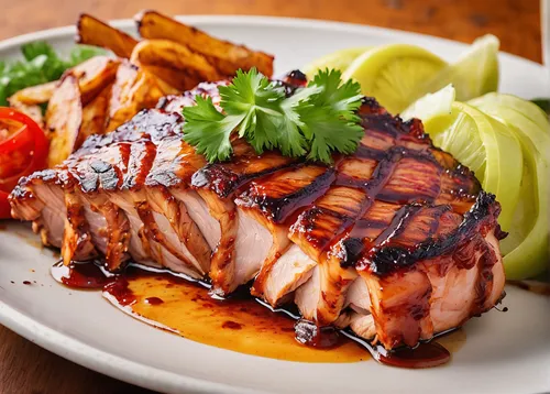 Create a social media post with a close-up photo of juicy pork barbecue, enticing followers to try it at a local restaurant.,barbecue chicken,barbecued pork ribs,pork barbecue,chicken barbecue,grilled