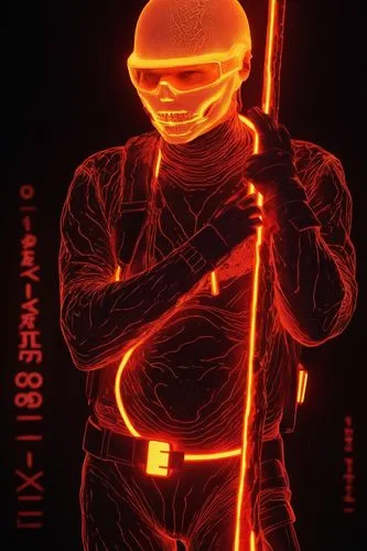 Color the drawing in post-apocalyptic, cyberpunk, vaporwave style,a person in a neon outfit holding a lit up stick,medical concept poster,surgeon,uv,cyberian,cyberpatrol,3d man,Photography,Documentary