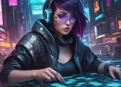 cyberpunk,chess player,cyber,cyber glasses,girl at the computer,sci fiction illustration,operator,game illustration,violet,ultraviolet,futuristic,cyborg,dealer,renegade,hex,lex,la violetta,chess game,nova,cg artwork,Conceptual Art,Fantasy,Fantasy 03