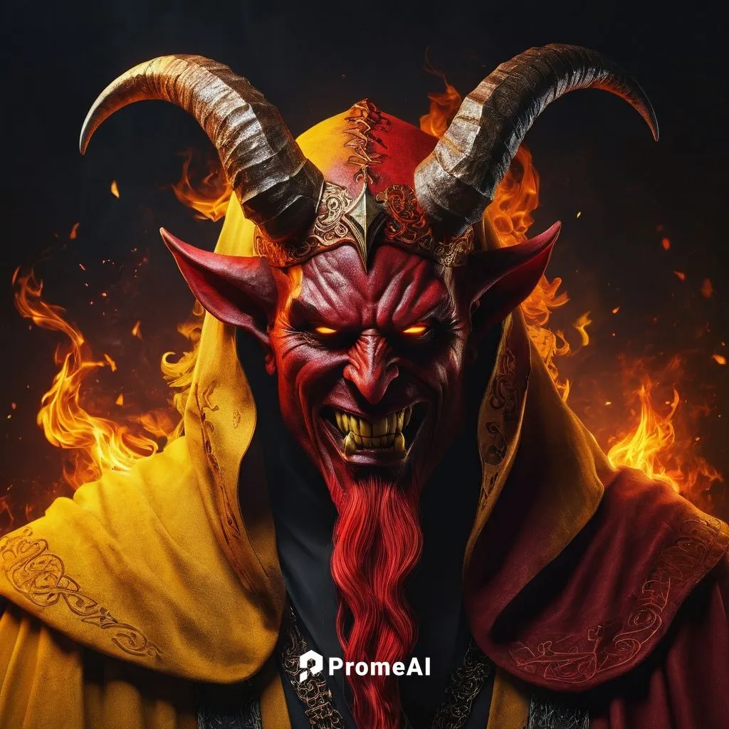 Show me the anti-christ as stunning female sinner in a red hell with flames in red and yellow, gorgeous devils face with horns, long tongue, laughing,  hot, illustration, 3d render, cinematic, fashion